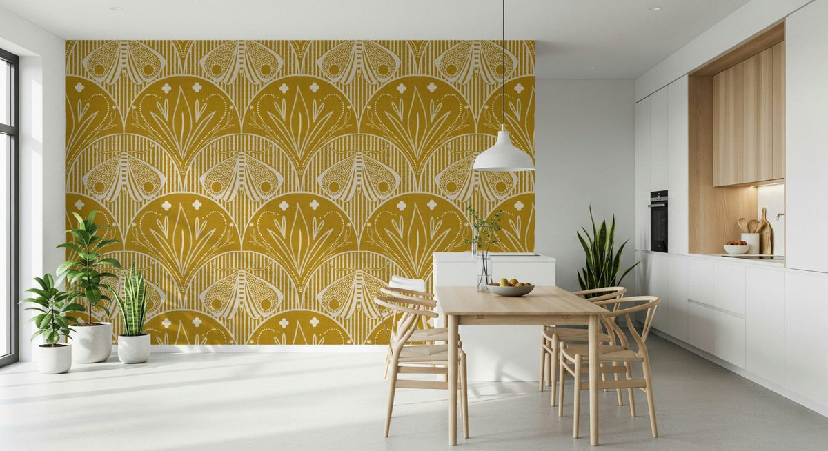 Boho Art Nouveau Scallop Butterfly Floral in Mustard Gold wallpaper mural behind a wood dining table in a white kitchen