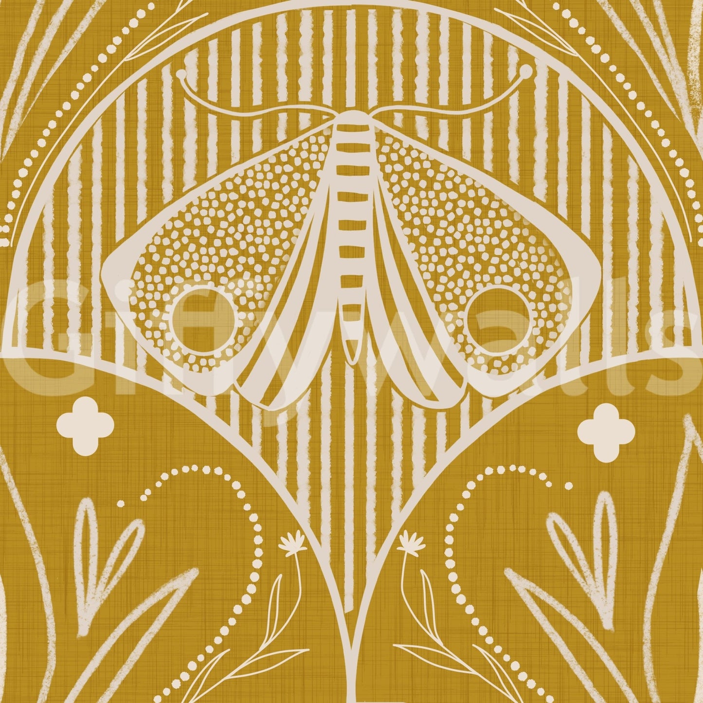 Boho Art Nouveau Scallop Butterfly Floral in Mustard Gold Wallpaper⁠