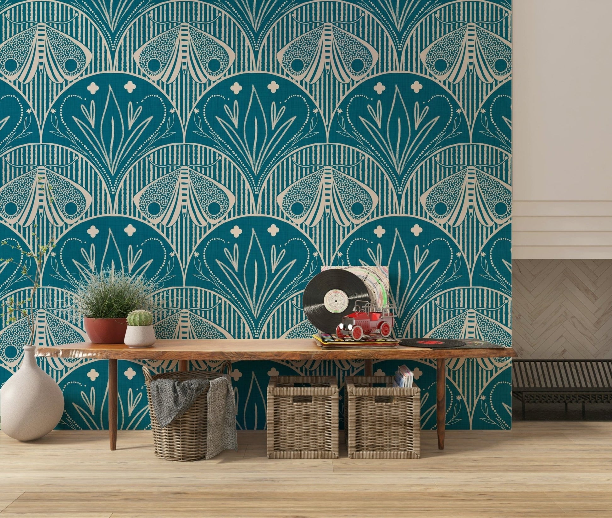 Vibrant Boho Art Nouveau wall mural elegant insect design bold backdrop.