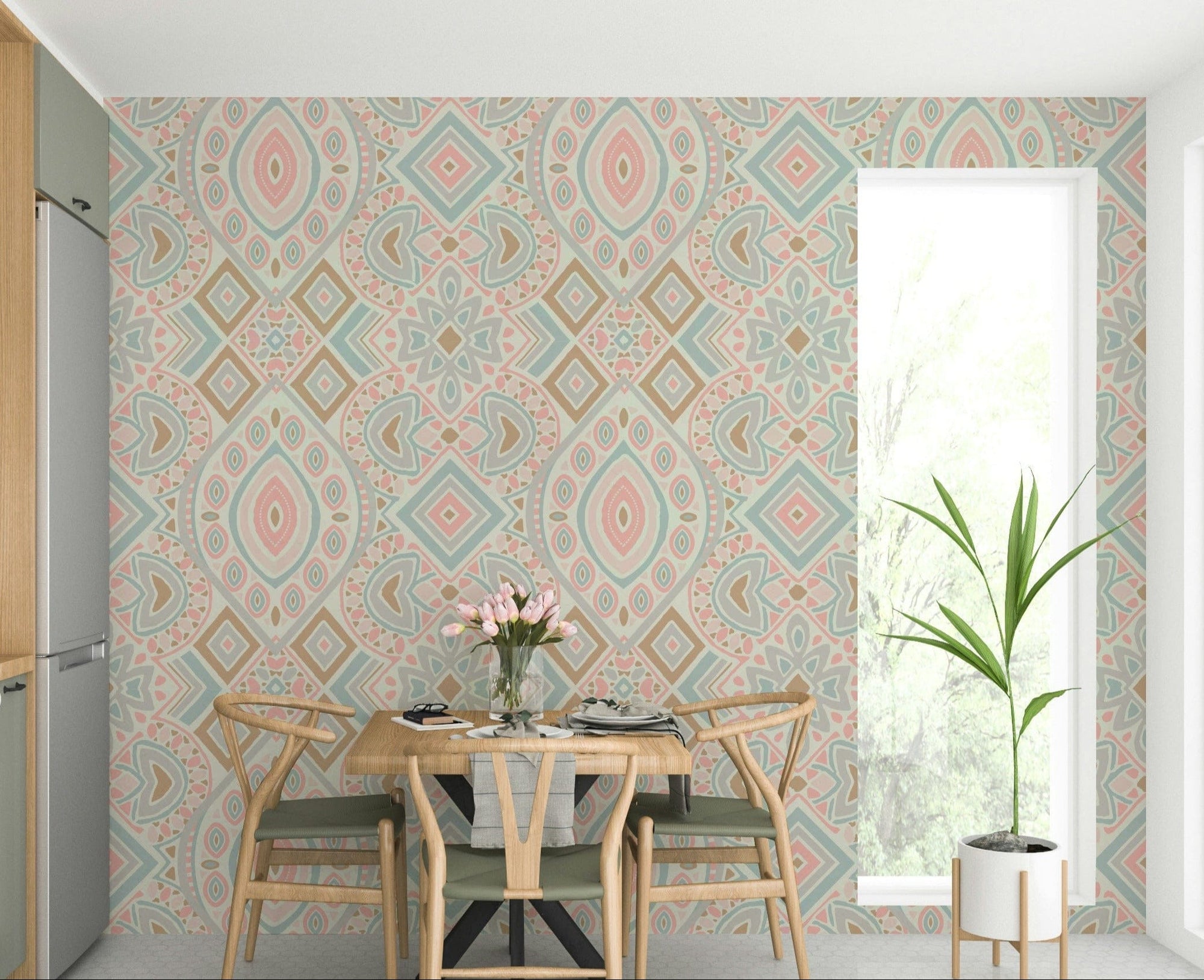 Boho Aztec Pattern Pastel Pink and Blue Wallpaper featuring soft blush wisteria tribal wall mural.