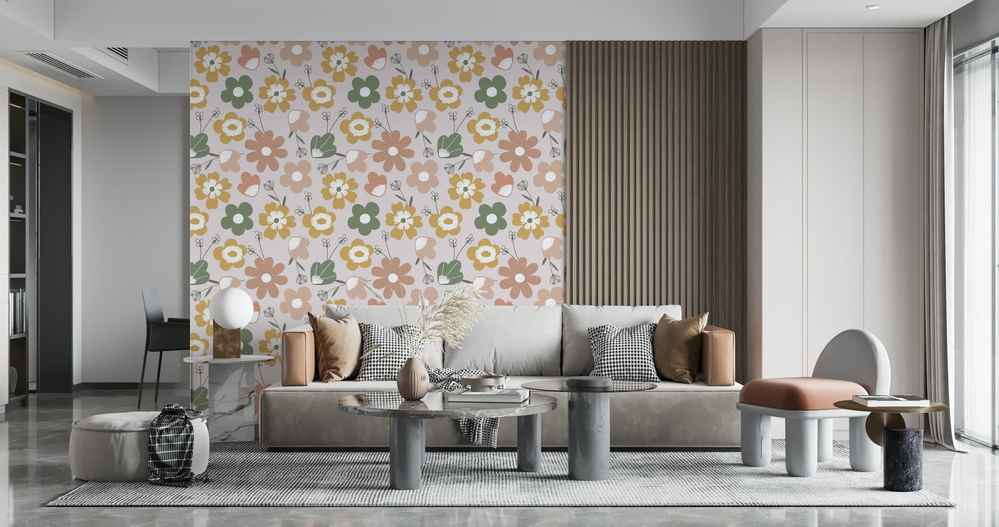 Warm and earthy floral motifs arranged in a bold yet calming boho wallpaper style.