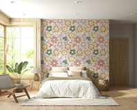 A whimsical wallpaper filled with hand-drawn flowers in soft, cozy boho color tones.
