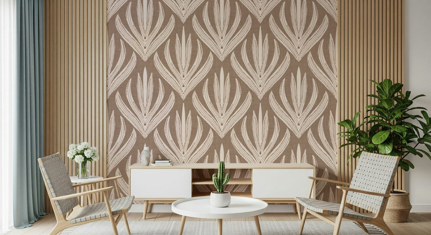 Boho Botanical Echoes wallpaper showcasing layered leaf-like designs with fine dotted detailing.