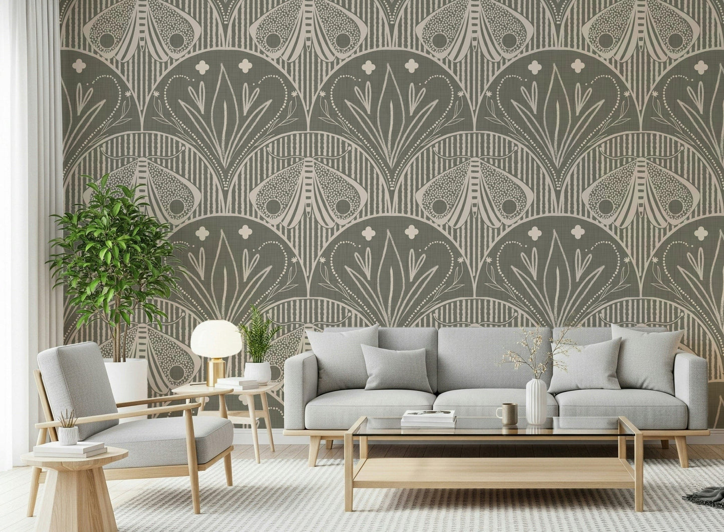 Boho Art Nouveau Scallop Butterfly Floral in Warm Taupe Grey Wallpaper⁠