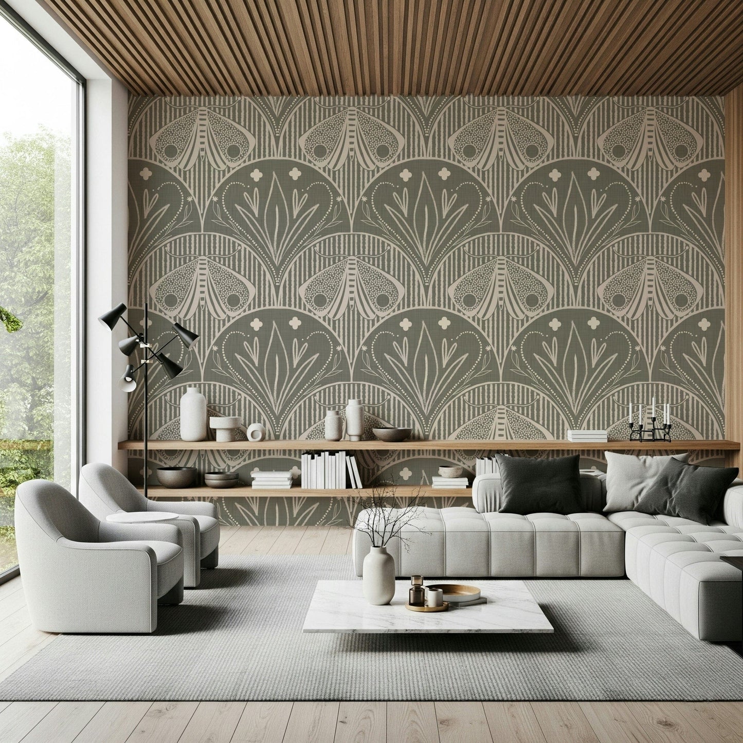Boho Art Nouveau Scallop Butterfly Floral in Warm Taupe Grey Wallpaper⁠