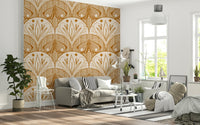 Floral in Cream and Burnt Orange wall mural, decorative lines, curved shapes, unique style.