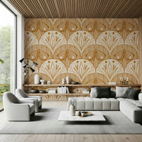 Boho Art Nouveau wallpaper, large moth insect, golden ochre, sophisticated interior.
