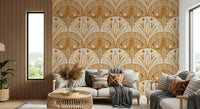 Floral in Cream and Burnt Orange wallpaper, vintage moth, arch, textured design.