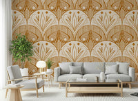 Boho Art Nouveau or Scallop Butterfly wall mural, cream, burnt orange, aesthetic pattern.
