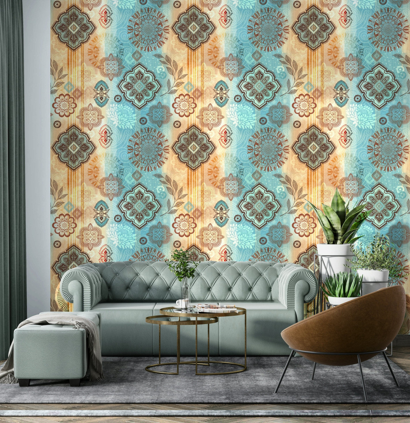 Earthy Boho Chic wall mural with layered textures and warm, cozy tones.