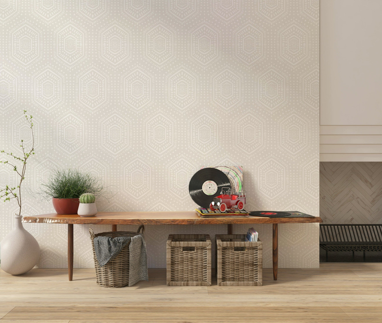 Beige geometric wallpaper mural with repeating hexagon pattern