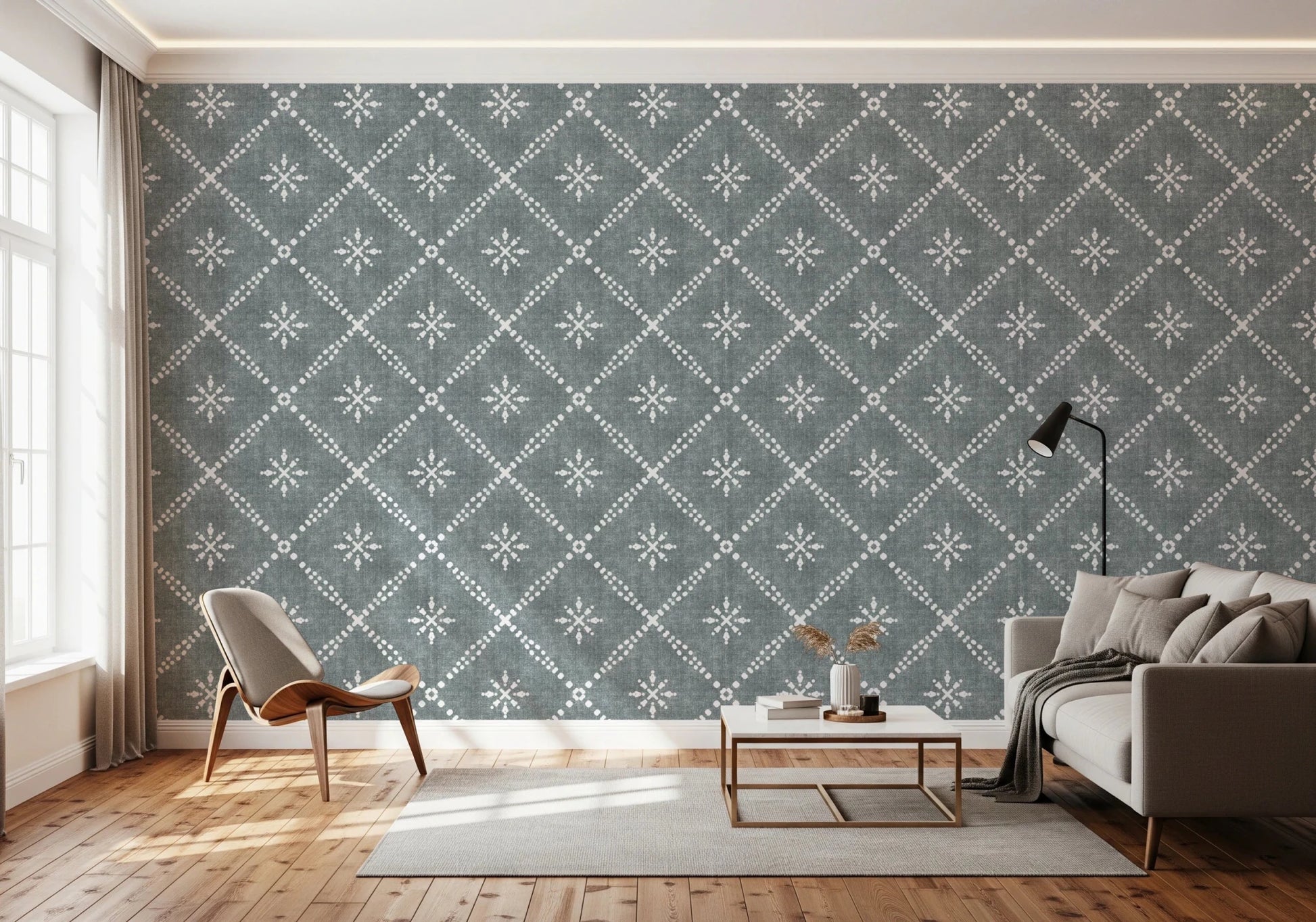 Boho Dotted Lattice Grunge Calming Blue Wallpaper⁠