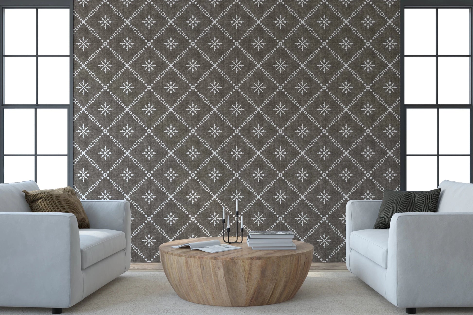 Boho Dotted Lattice Grunge Dark Bark Wallpaper⁠