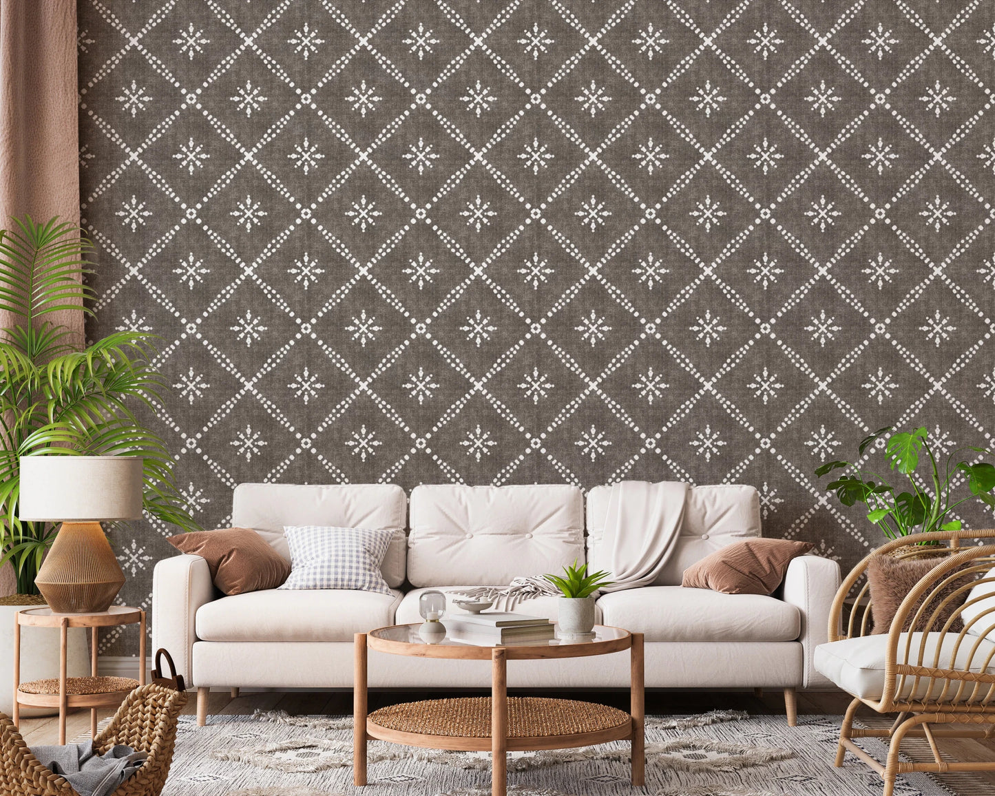 Boho Dotted Lattice Grunge Dark Bark Wallpaper⁠