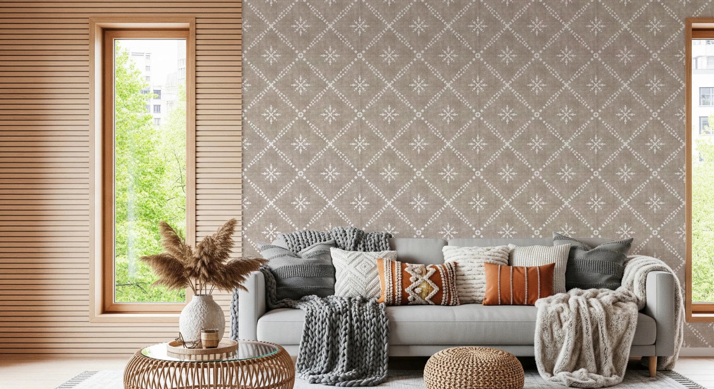 Boho Dotted Lattice Grunge Earthy Beige Wallpaper⁠