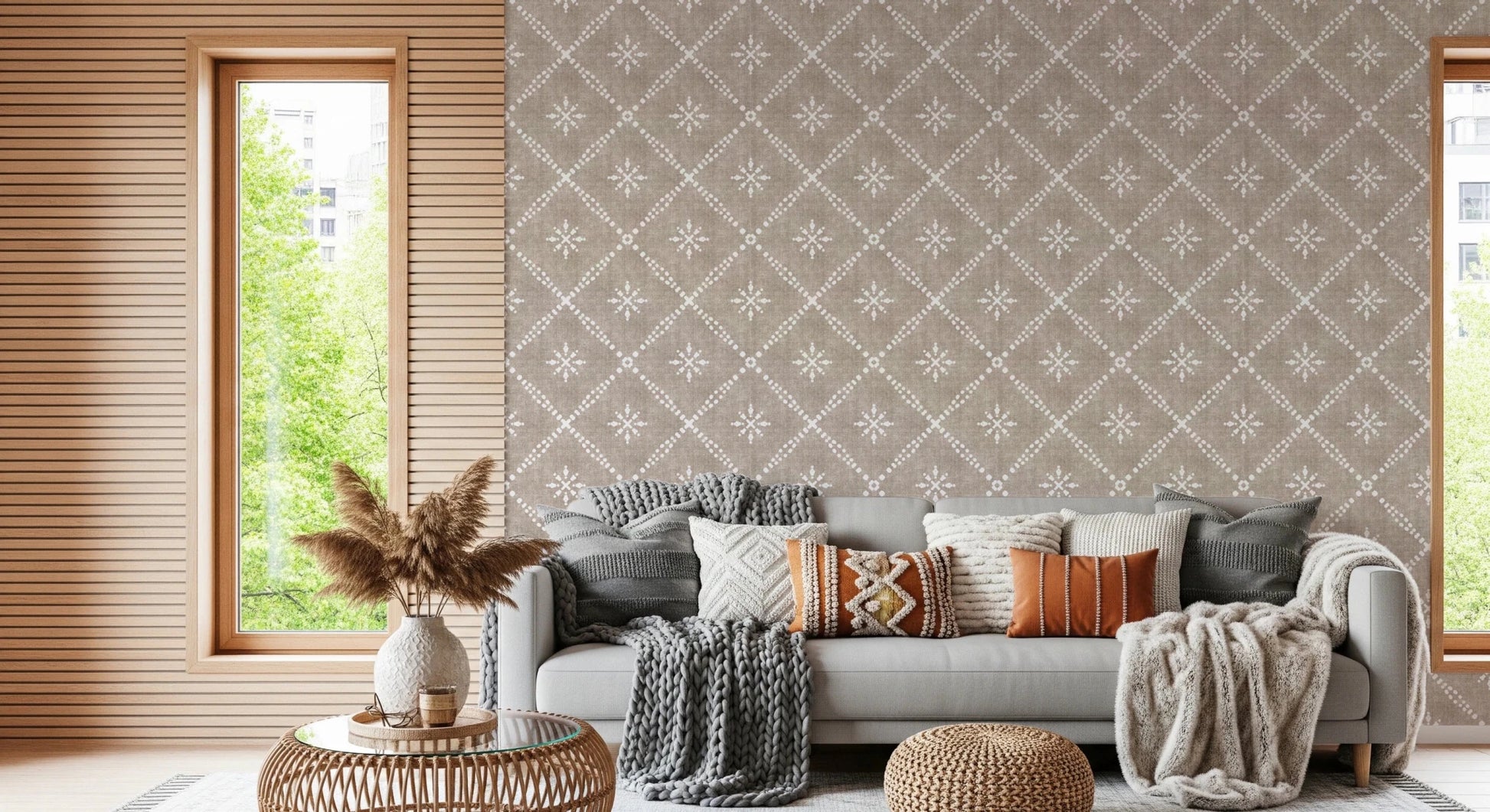 Boho Dotted Lattice Grunge Earthy Beige Wallpaper⁠