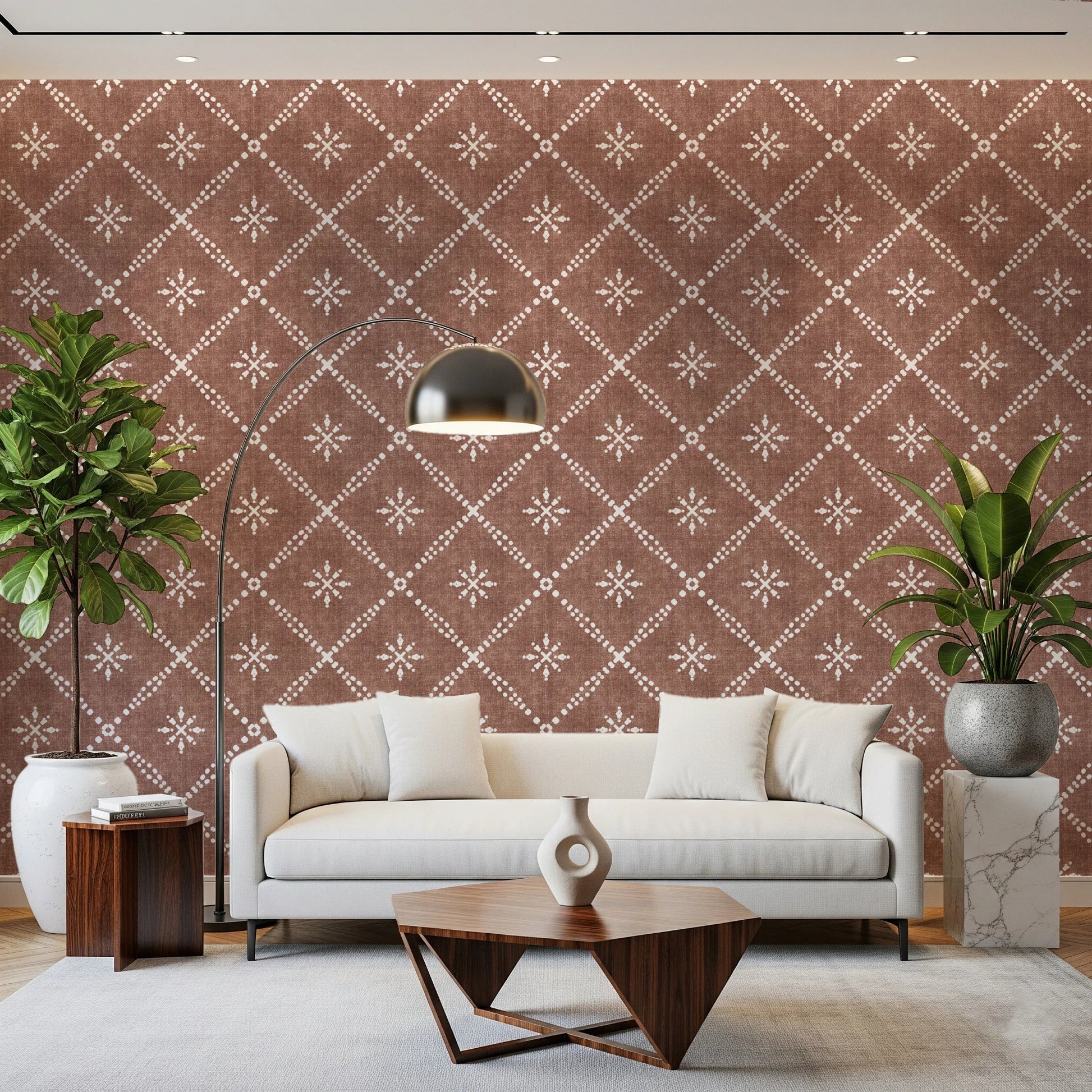 Boho Dotted Lattice Grunge Terracotta Red Wallpaper⁠