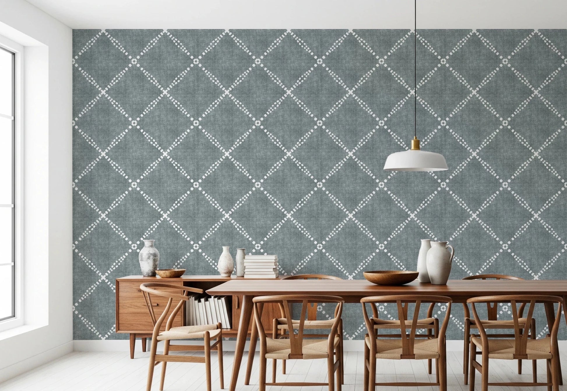 Boho Dotted Trellis Grunge Calming Blue Wallpaper⁠