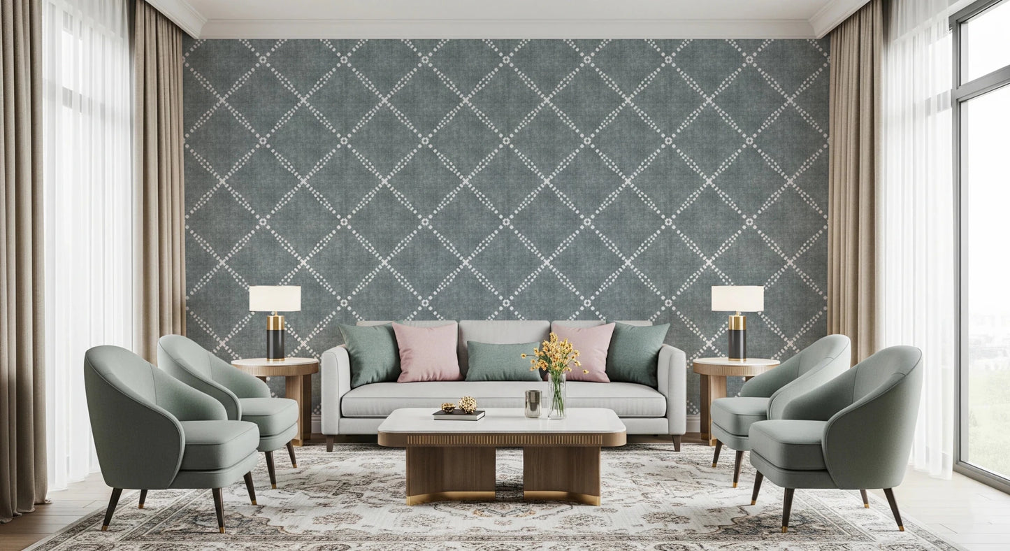 Boho Dotted Trellis Grunge Calming Blue Wallpaper⁠