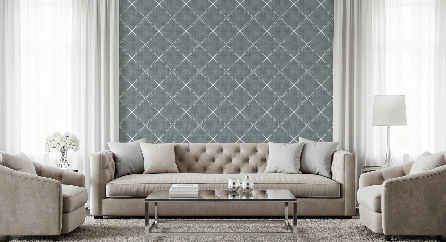 Boho Dotted Trellis Grunge Calming Blue Wallpaper⁠