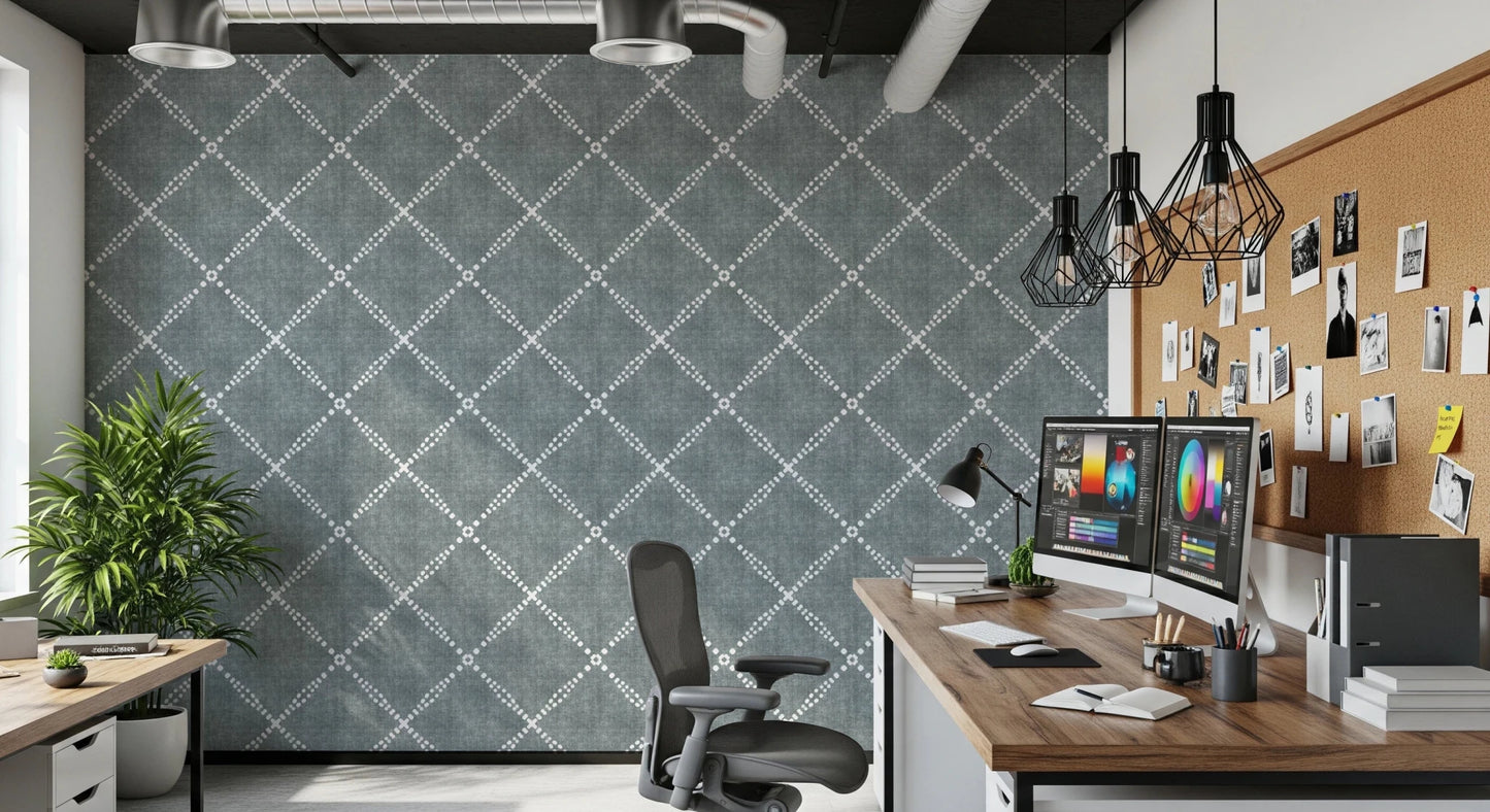 Boho Dotted Trellis Grunge Calming Blue Wallpaper⁠