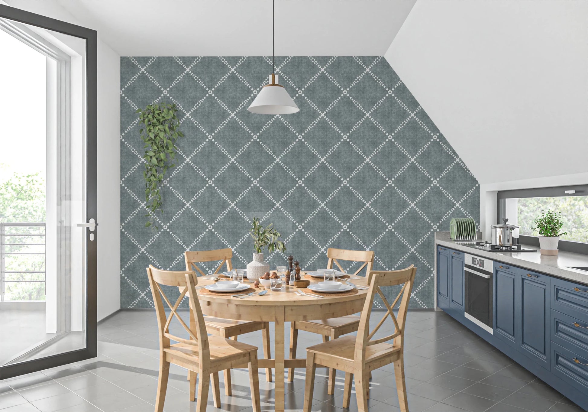 Boho Dotted Trellis Grunge Calming Blue Wallpaper⁠