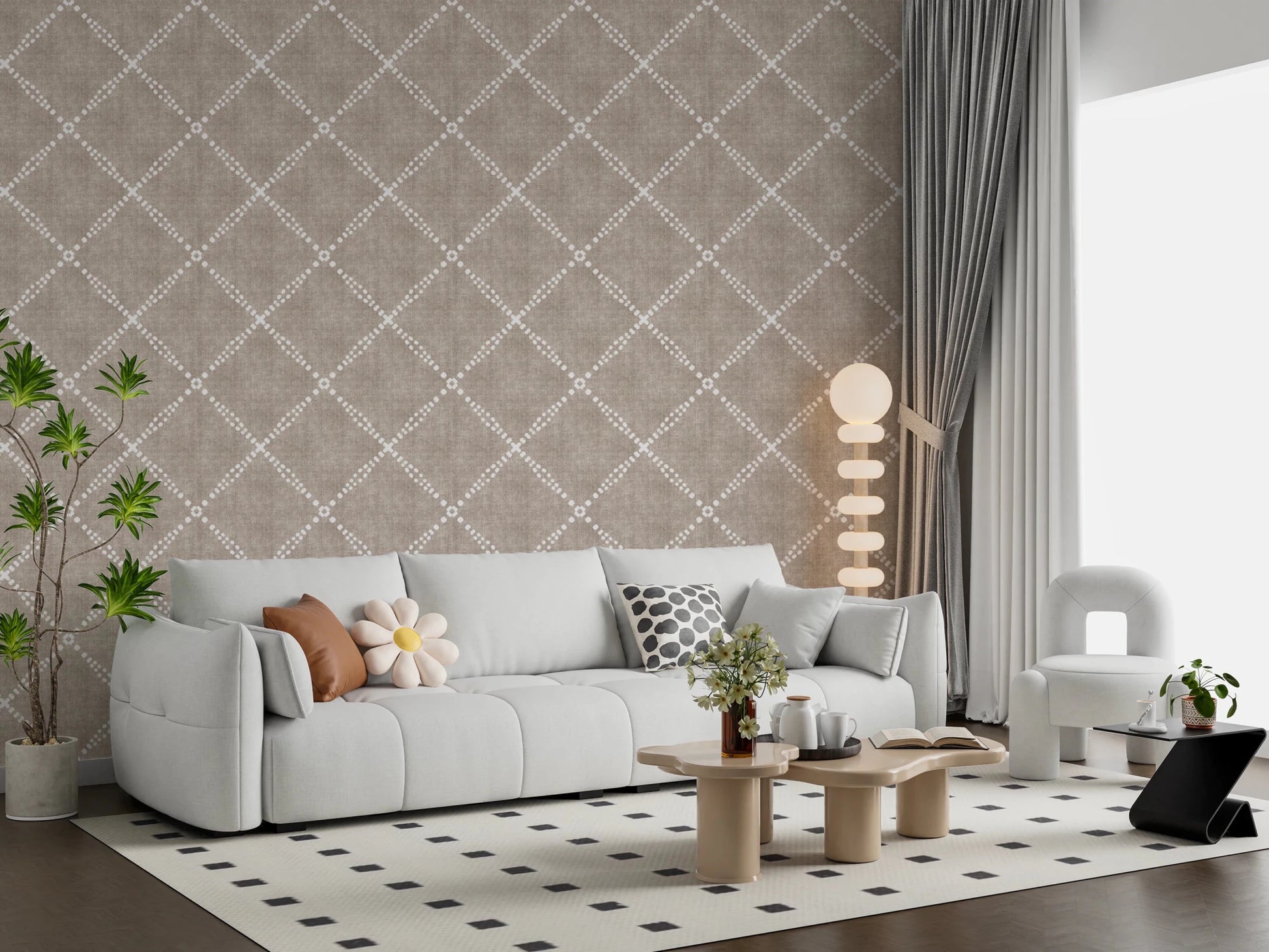 Boho Dotted Trellis Grunge Earthy Beige Wallpaper⁠