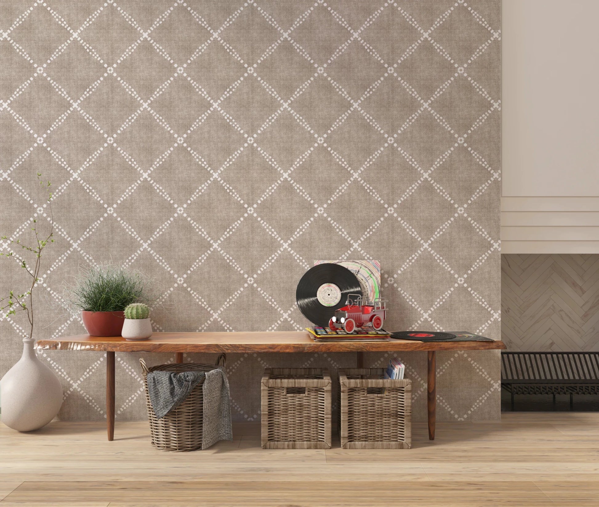 Boho Dotted Trellis Grunge Earthy Beige Wallpaper⁠