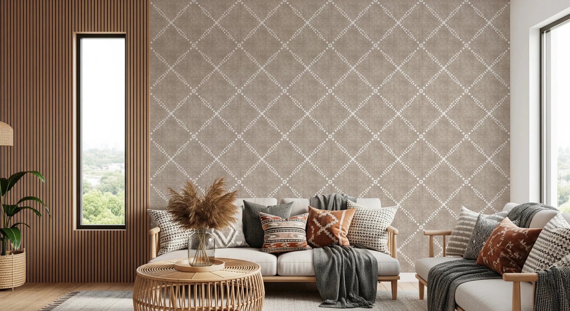 Boho Dotted Trellis Grunge Earthy Beige Wallpaper⁠