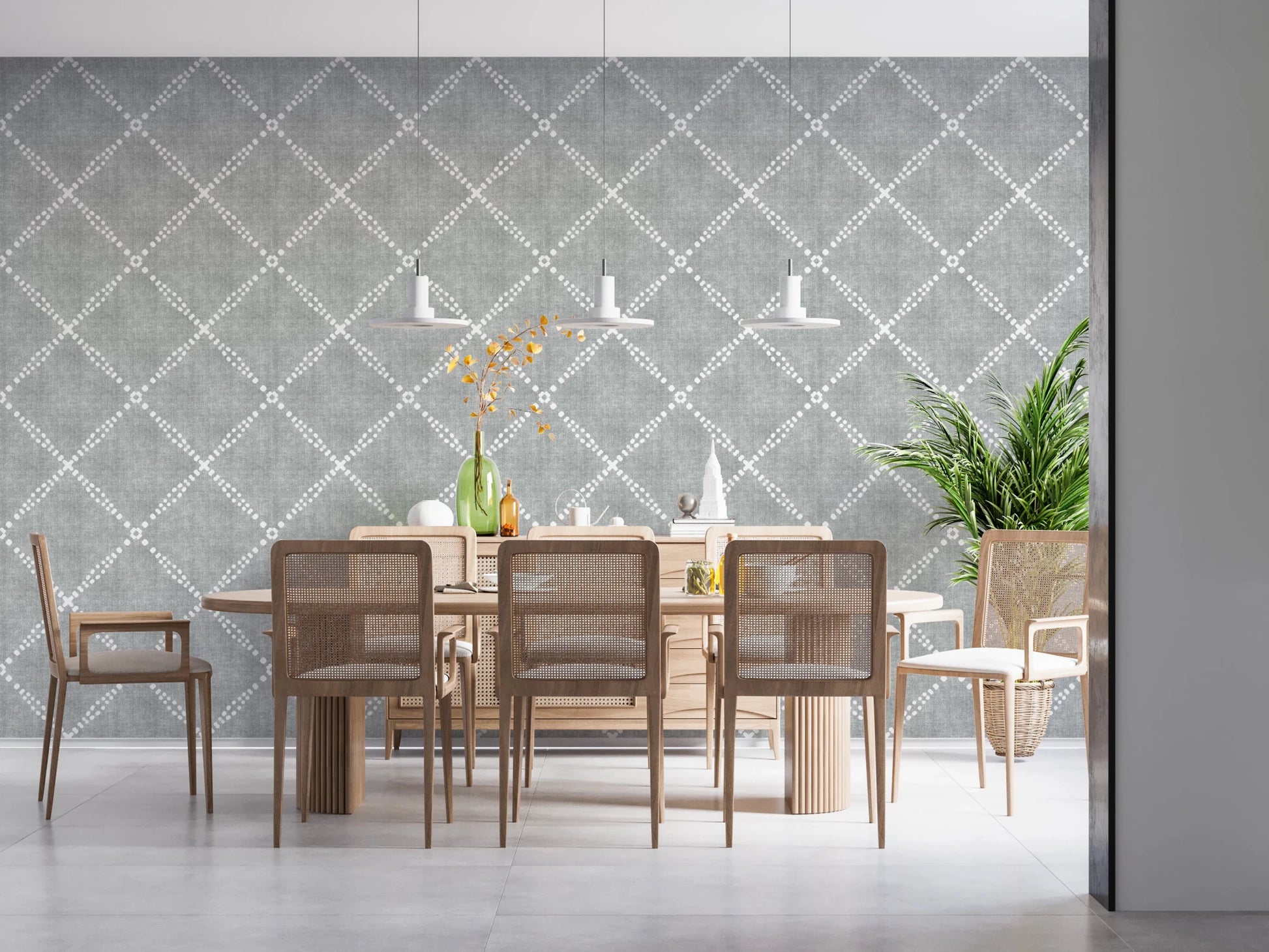 Boho Dotted Trellis Grunge Grey Clouds Wallpaper⁠