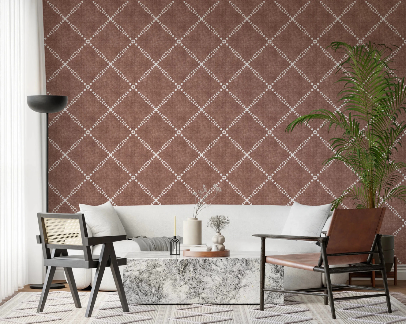 Boho Dotted Trellis Grunge Terracotta Red Wallpaper⁠