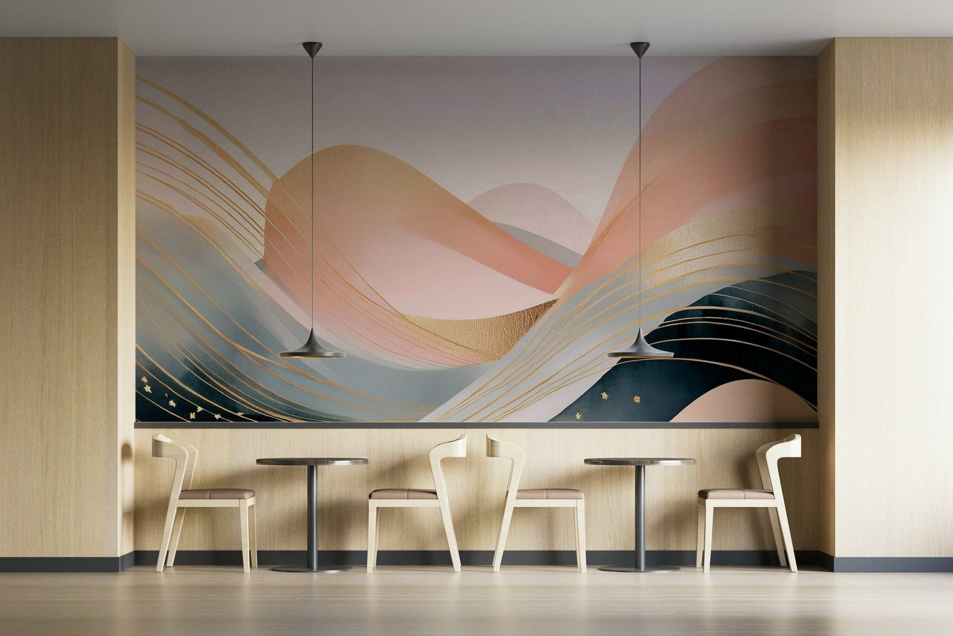 Warm-toned wall mural with flowing abstract lines

