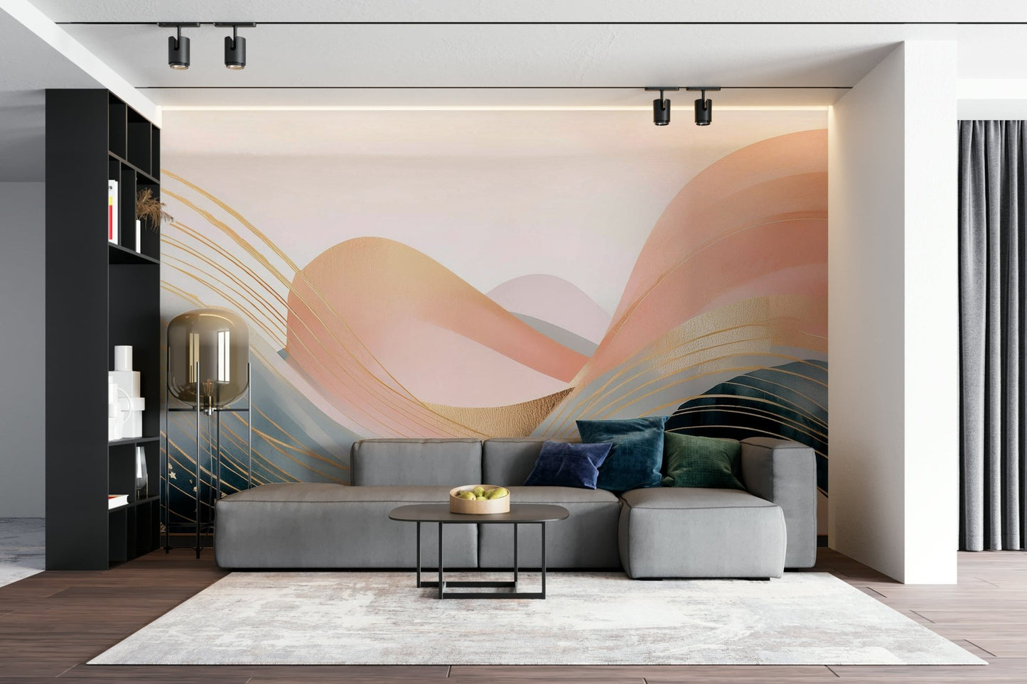 Abstract wave wall mural in warm neutral colors


