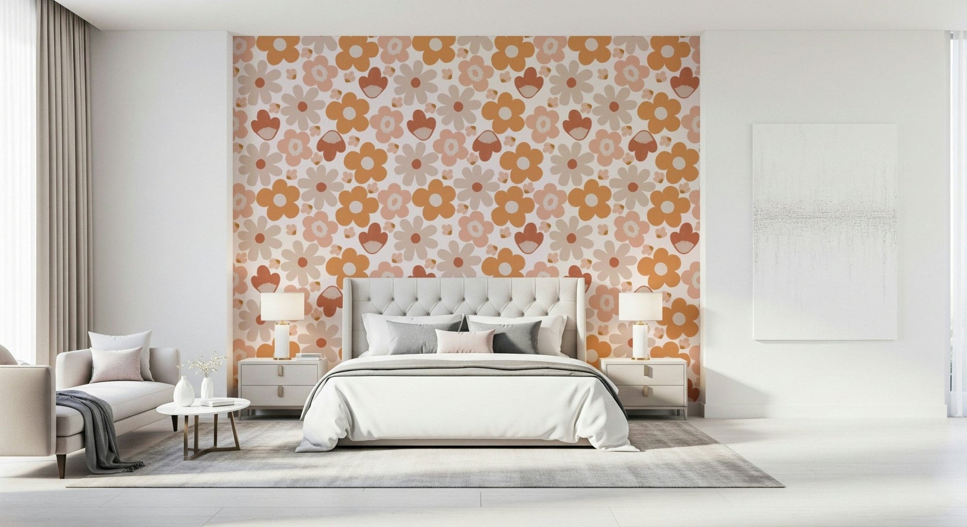Muted peach and clay-toned flowers repeat across this gentle boho-style wallpaper.