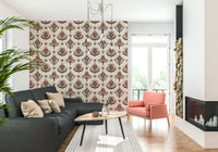 Intricate floral wallpaper featuring bold bohemian motifs in a structured grid pattern.