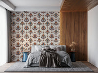 Vintage-inspired wallpaper mural with boho flowers in teal, orange, and brown on a cream background.