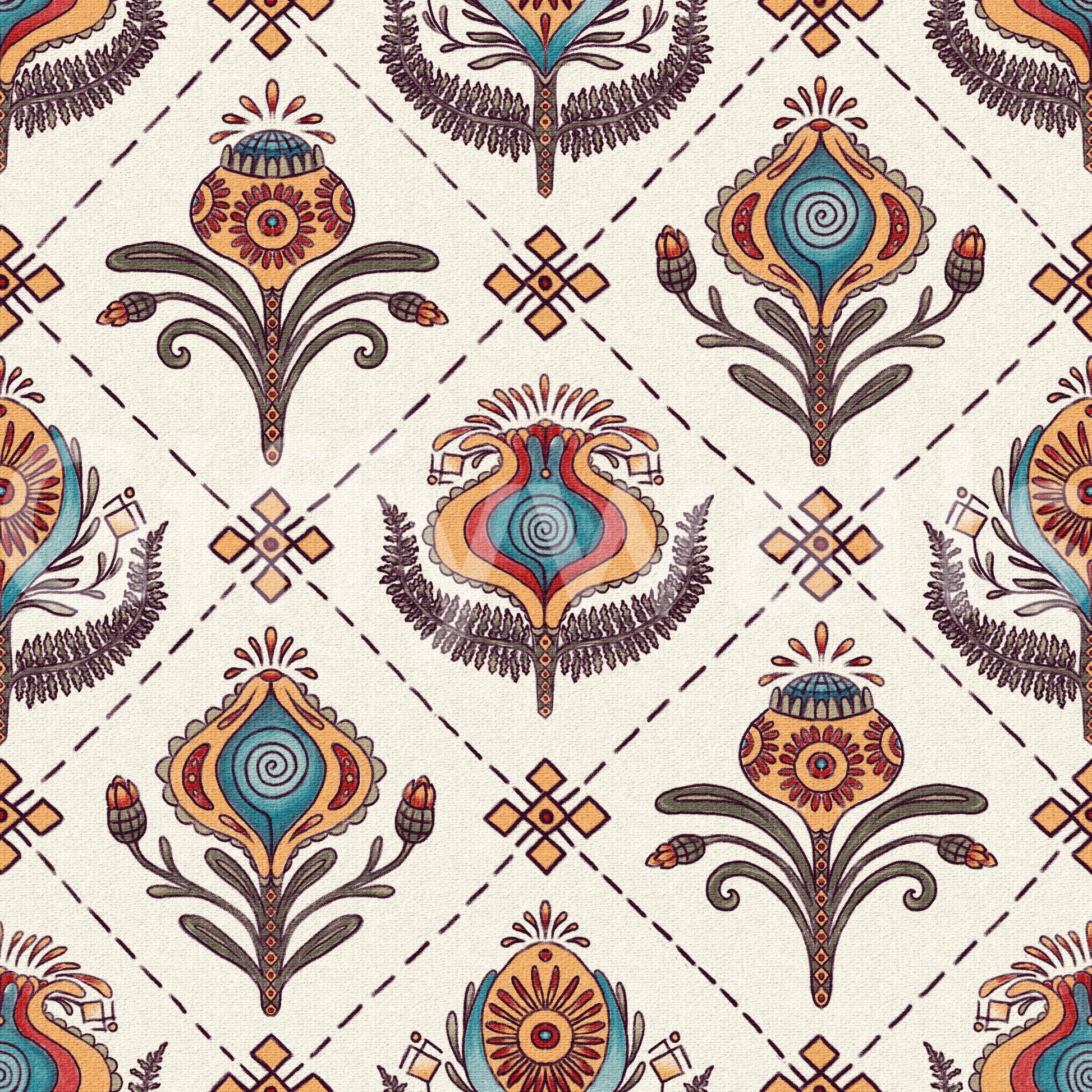 Repeating boho floral wallpaper featuring stylized blooms set within an even grid layout.