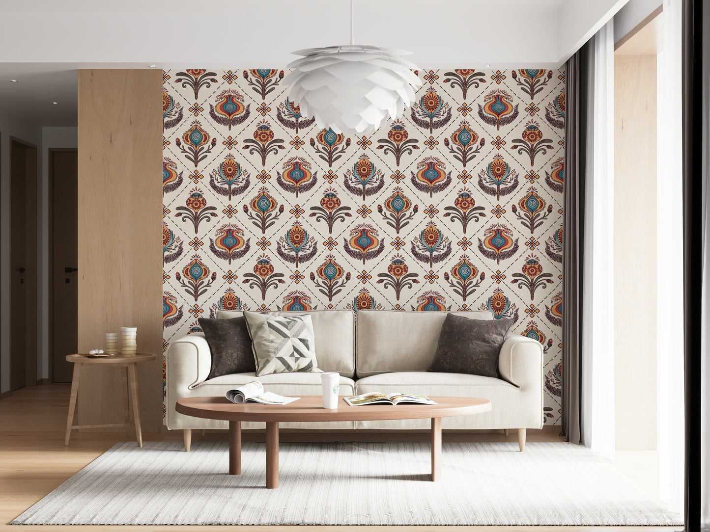 Retro bohemian wallpaper mural with teal, orange, and brown floral designs on a light backdrop.