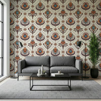 Colorful Boho Floral Grid wallpaper with symmetrical botanical shapes and ornate details.