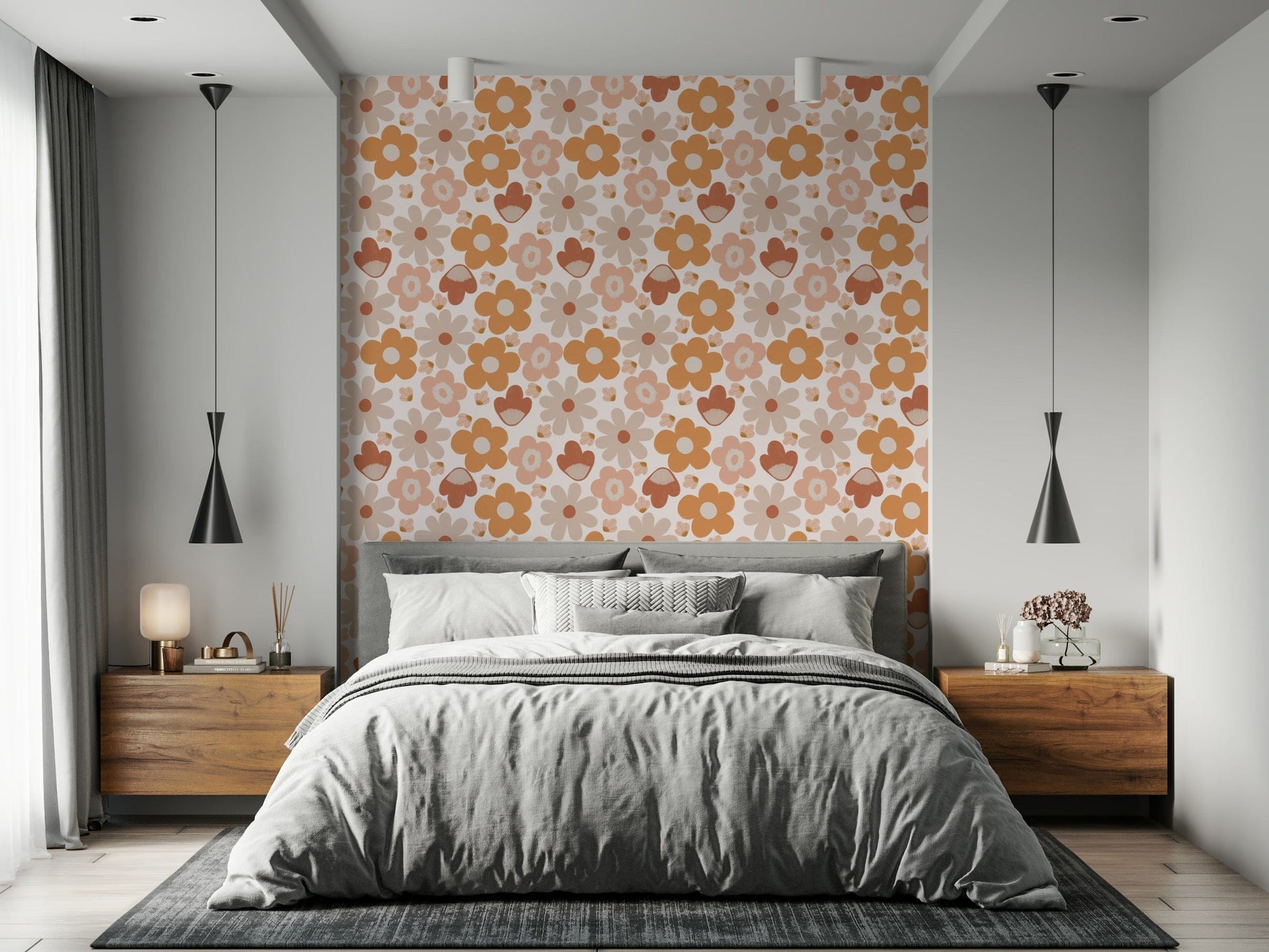 Repeating bohemian flower motifs forming a soft retro wallpaper pattern in warm neutrals.
