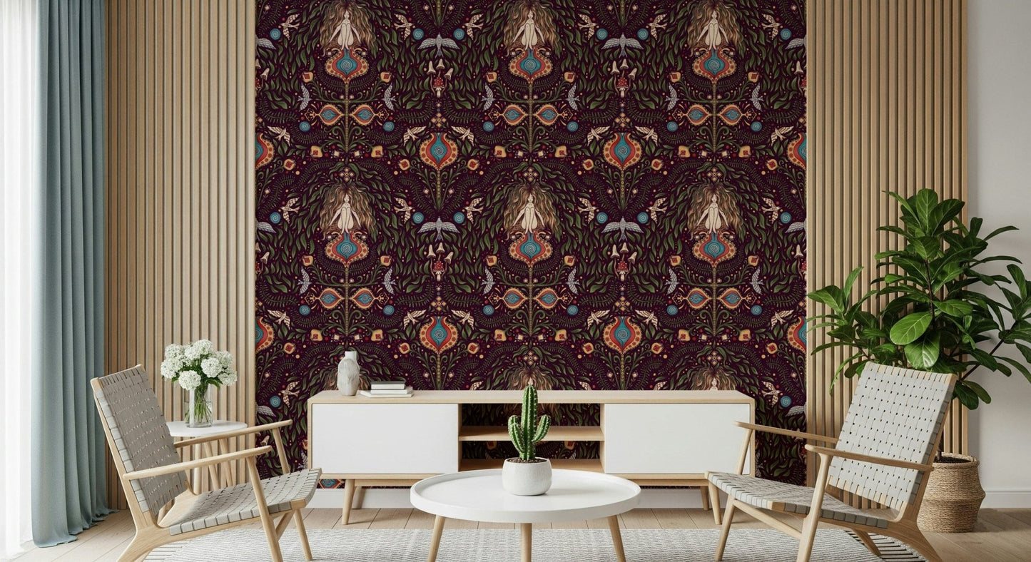 Boho Forest Dream wallpaper featuring mystical forest motifs, intricate foliage, and ornate bohemian patterns.