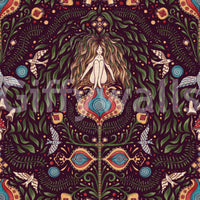 Enchanted forest wallpaper featuring stylized plants, animals, and symbolic boho shapes.