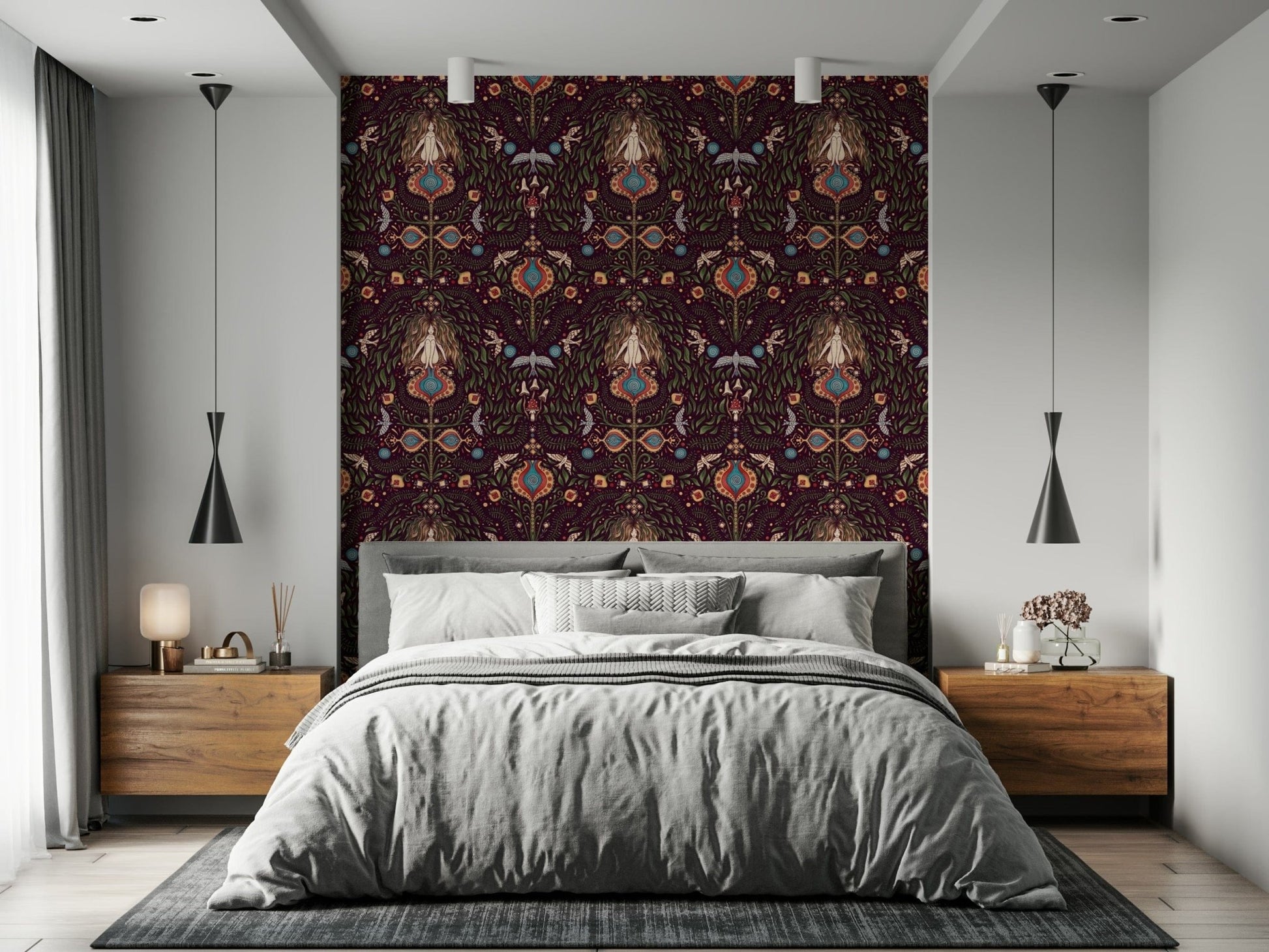 Boho Forest Dream wallpaper showcasing symmetrical forest scenes with leaves, birds, and magical motifs.