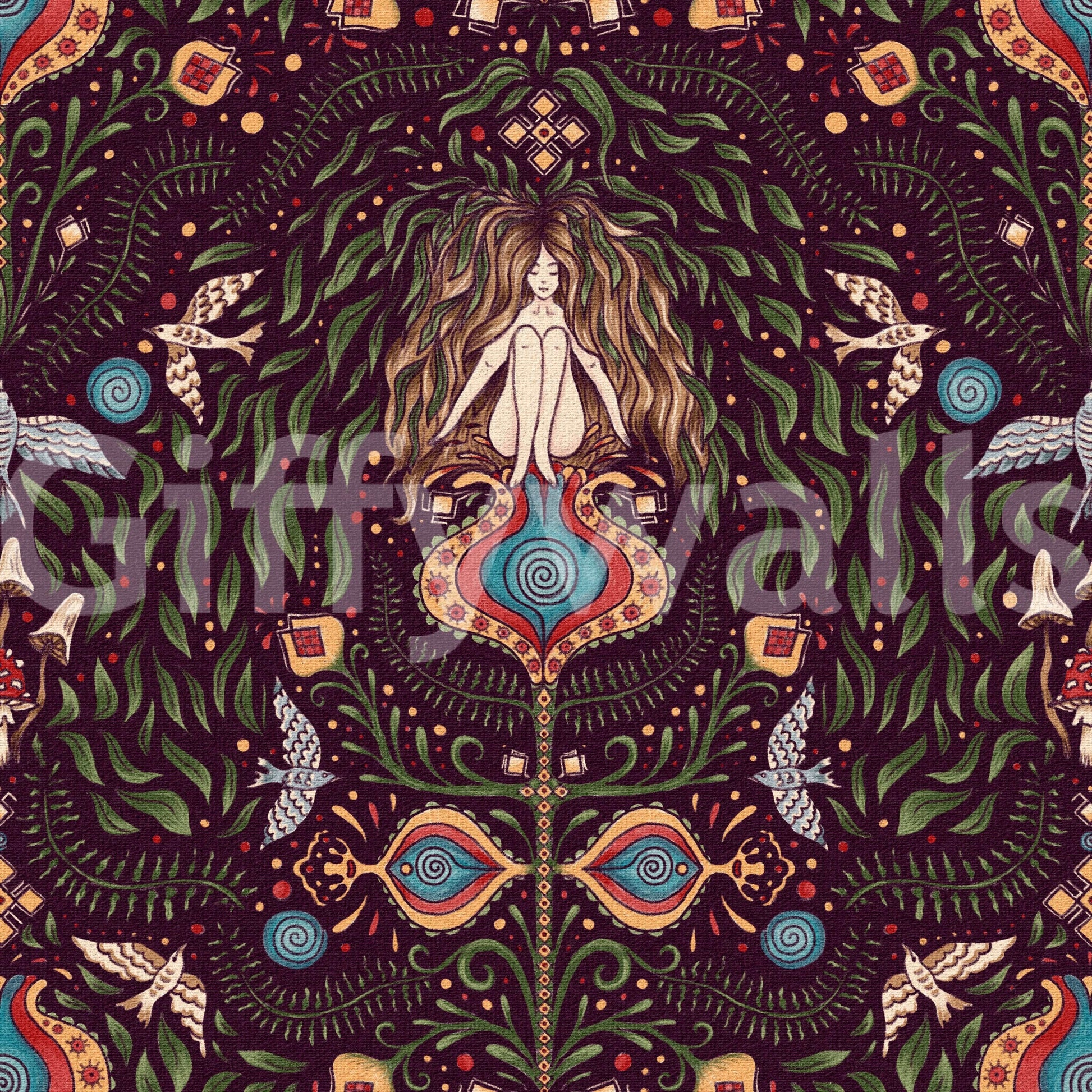 Enchanted forest wallpaper featuring stylized plants, animals, and symbolic boho shapes.