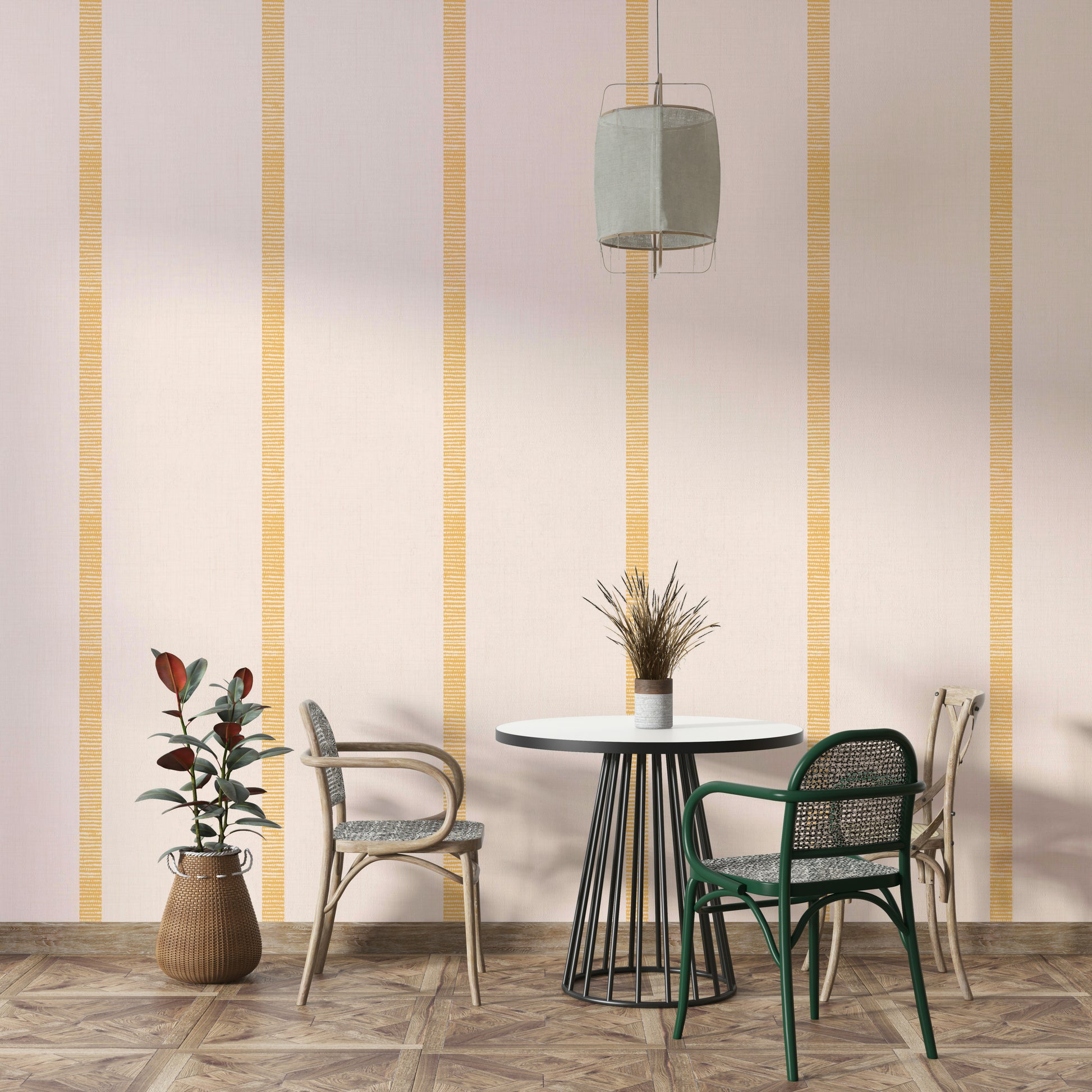 Boho chic wallpaper with beige and golden ocher stripes