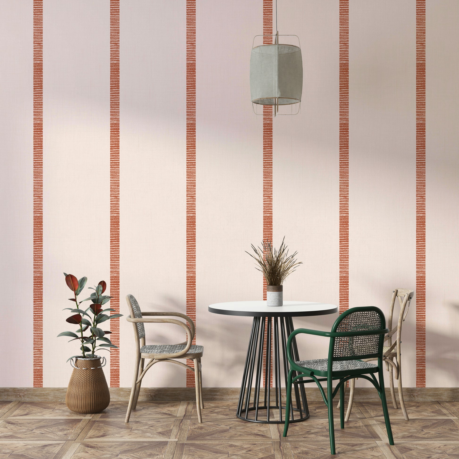 Elegant beige wallpaper with golden and terracotta stripe design

