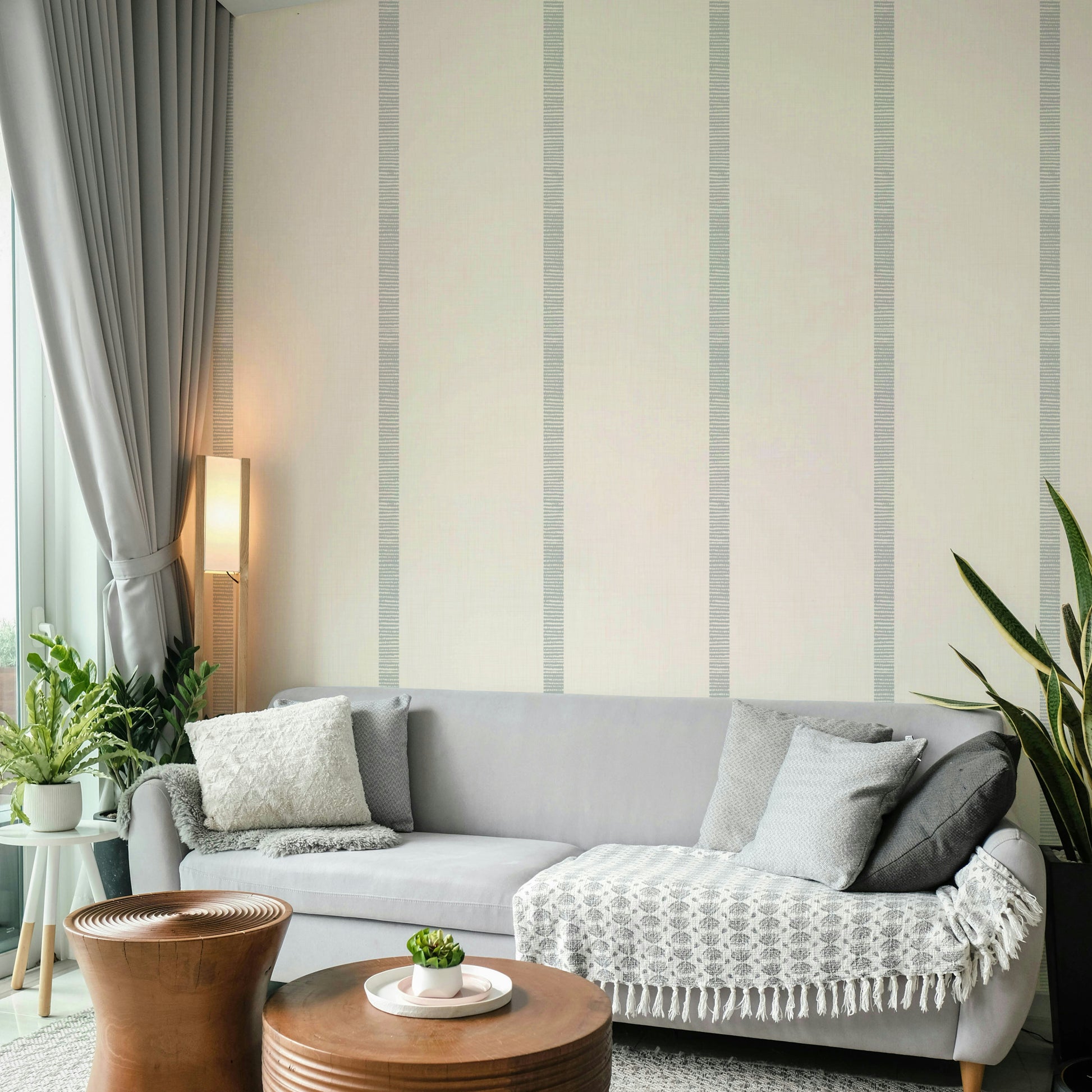 Boho style wallpaper with beige and golden stripe details

