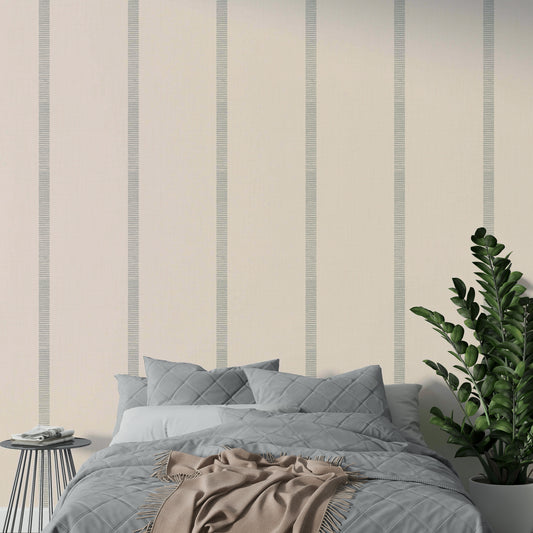 Soft grey wallpaper with boho golden stripe pattern

