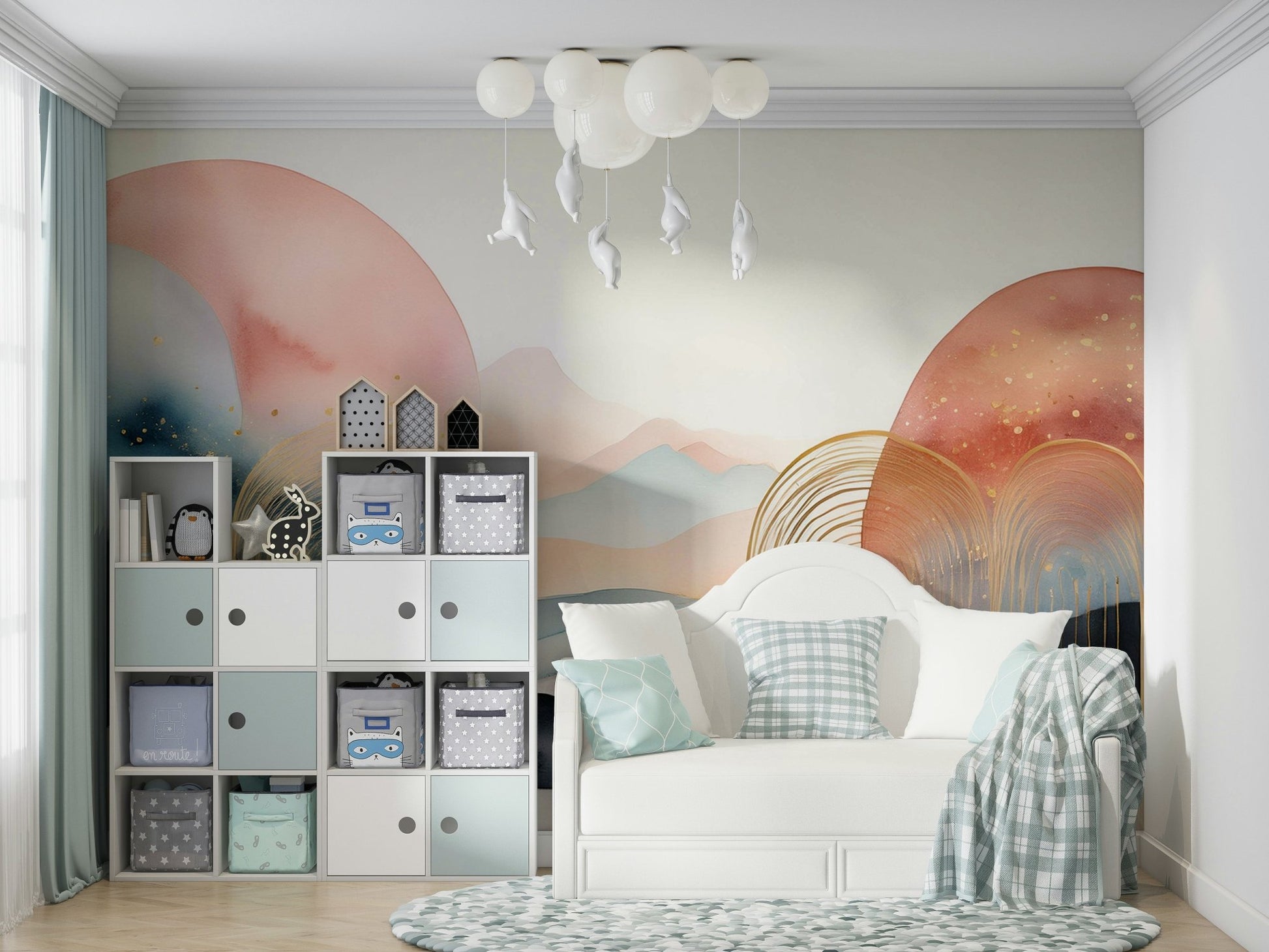 Soft abstract mural for kids with dreamy scenery

