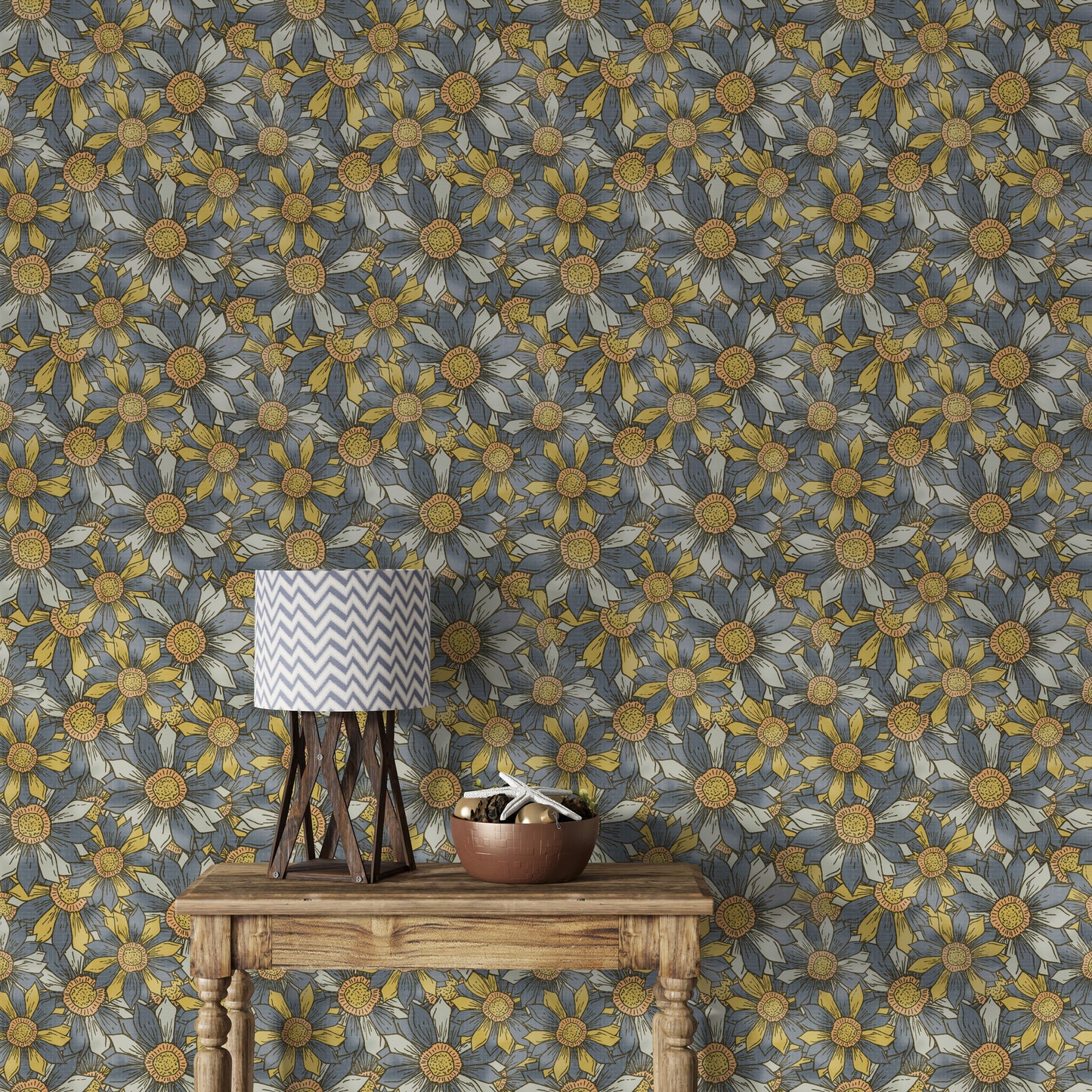 Boho Maximalist Flowers Golden and Gray Wallpaper